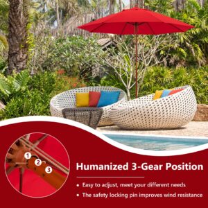 Tangkula 9.5 FT Red Wooden Pulley Umbrella with 8 Fiberglass Ribs, Rope Pulley Mechanism, and Vented Canopy for Patio, Deck, Poolside, Garden, Lawn, Terrace