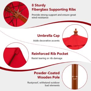 Tangkula 9.5 FT Red Wooden Pulley Umbrella with 8 Fiberglass Ribs, Rope Pulley Mechanism, and Vented Canopy for Patio, Deck, Poolside, Garden, Lawn, Terrace