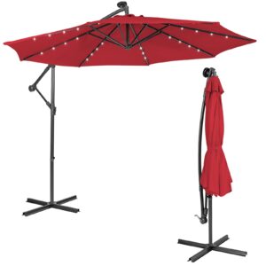 tangkula 10 ft cantilever umbrella w/32 solar-powered led lights, functional tilting system & hand-crank mechanism, colorfast solution dyed canopy, patio offset umbrella for backyard, poolside, market