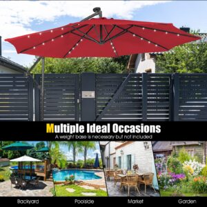 Tangkula 10 ft Cantilever Umbrella w/32 Solar-Powered LED Lights, Functional Tilting System & Hand-Crank Mechanism, Colorfast Solution Dyed Canopy, Patio Offset Umbrella for Backyard, Poolside, Market