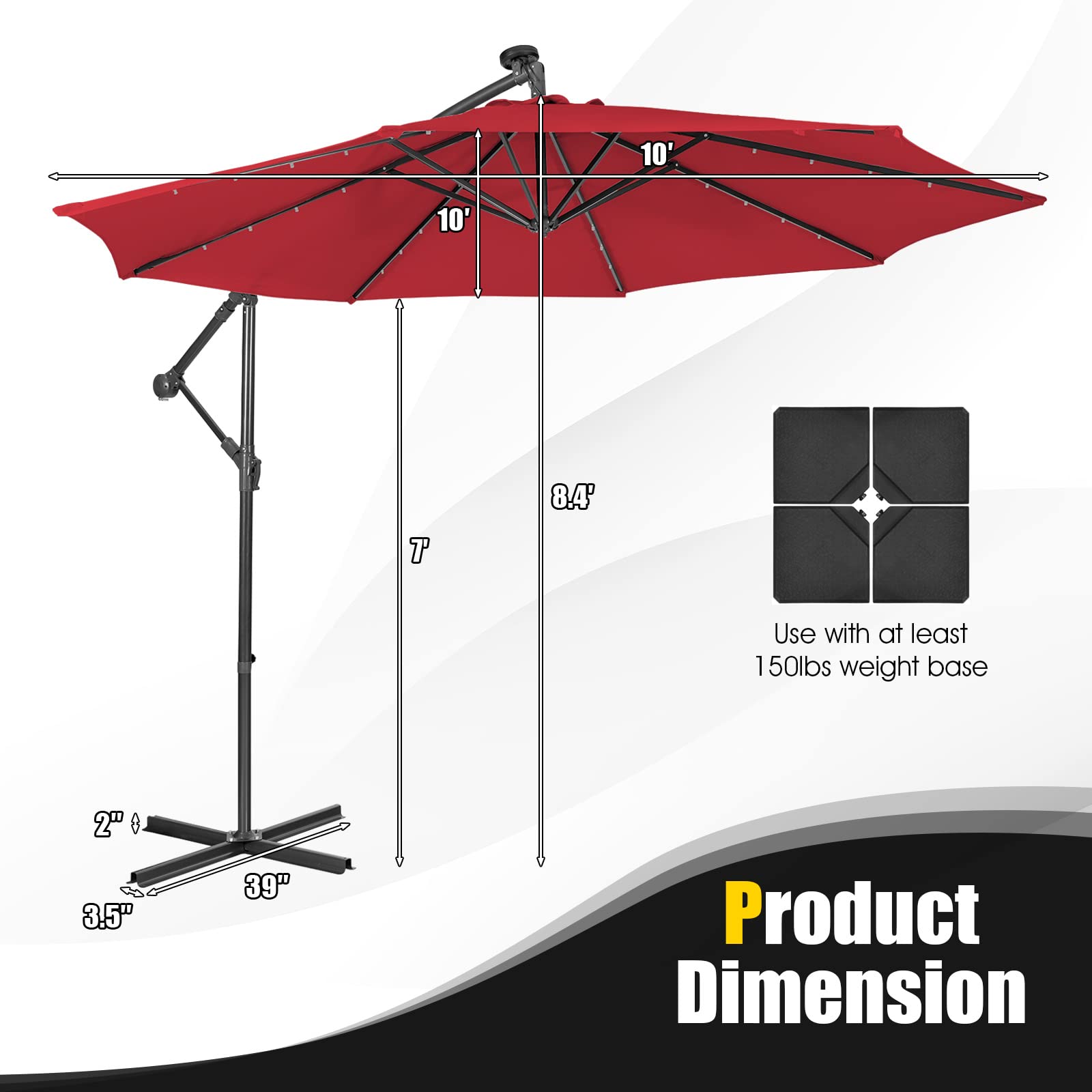 Tangkula 10 ft Cantilever Umbrella w/32 Solar-Powered LED Lights, Functional Tilting System & Hand-Crank Mechanism, Colorfast Solution Dyed Canopy, Patio Offset Umbrella for Backyard, Poolside, Market