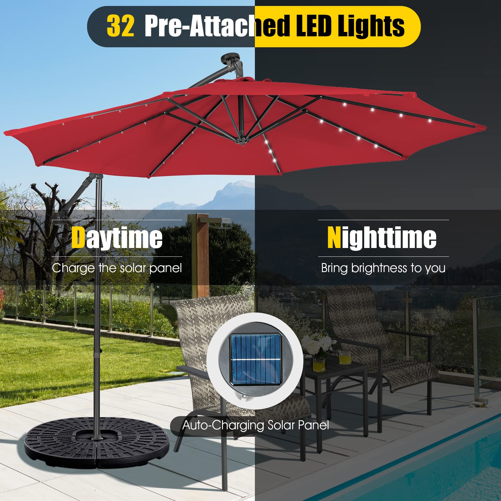 Tangkula 10 ft Cantilever Umbrella w/32 Solar-Powered LED Lights, Functional Tilting System & Hand-Crank Mechanism, Colorfast Solution Dyed Canopy, Patio Offset Umbrella for Backyard, Poolside, Market