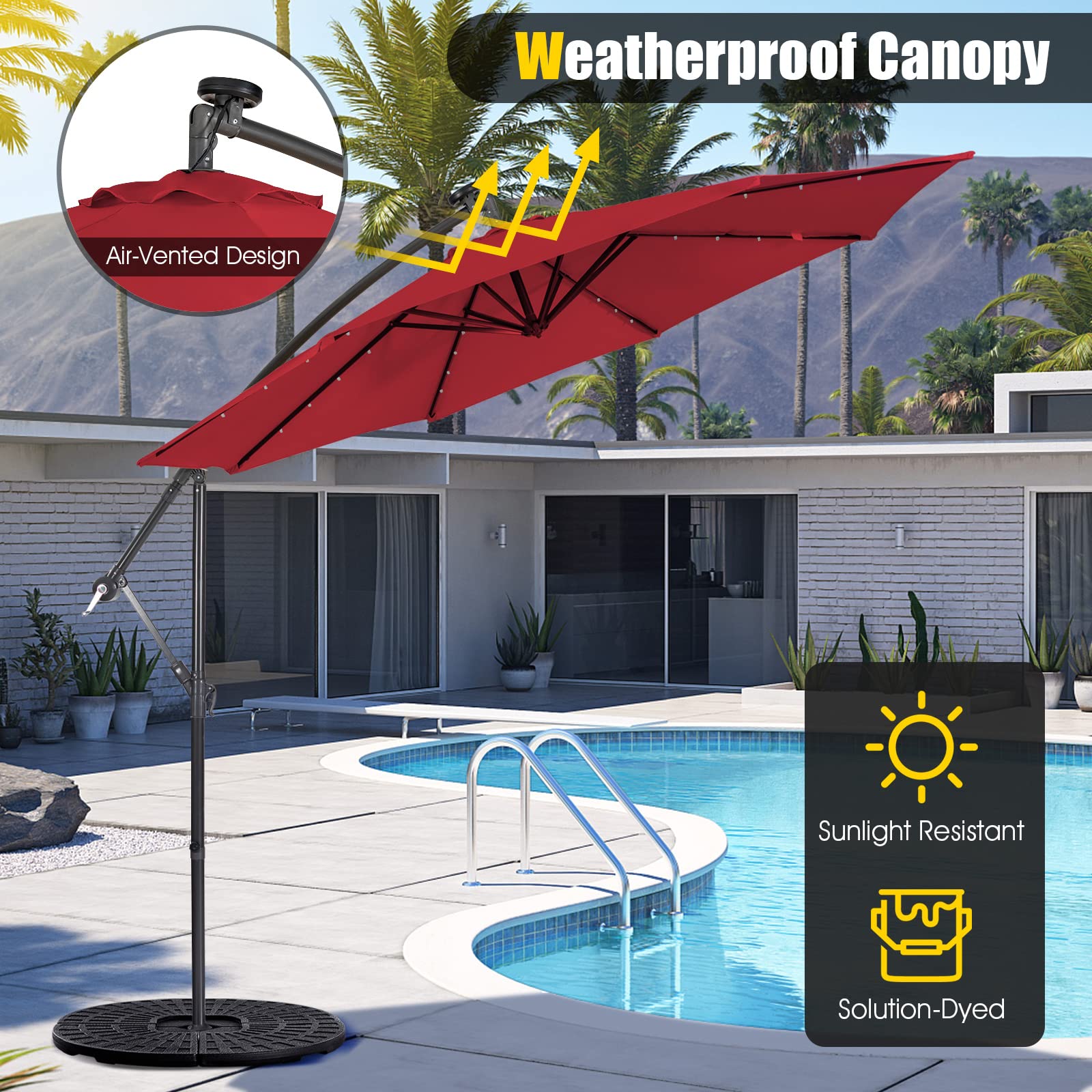 Tangkula 10 ft Cantilever Umbrella w/32 Solar-Powered LED Lights, Functional Tilting System & Hand-Crank Mechanism, Colorfast Solution Dyed Canopy, Patio Offset Umbrella for Backyard, Poolside, Market