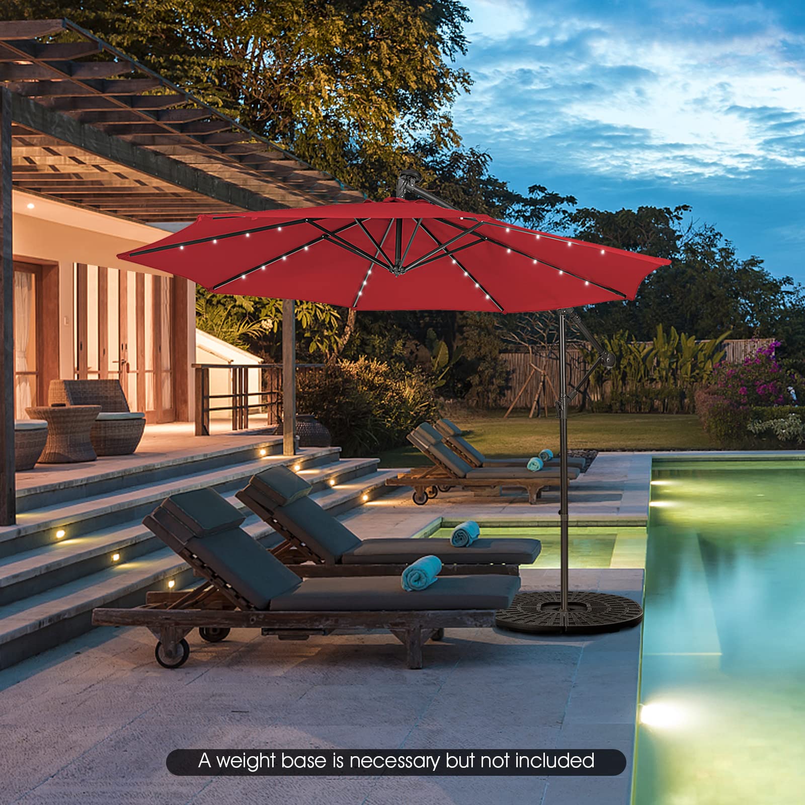 Tangkula 10 ft Cantilever Umbrella w/32 Solar-Powered LED Lights, Functional Tilting System & Hand-Crank Mechanism, Colorfast Solution Dyed Canopy, Patio Offset Umbrella for Backyard, Poolside, Market