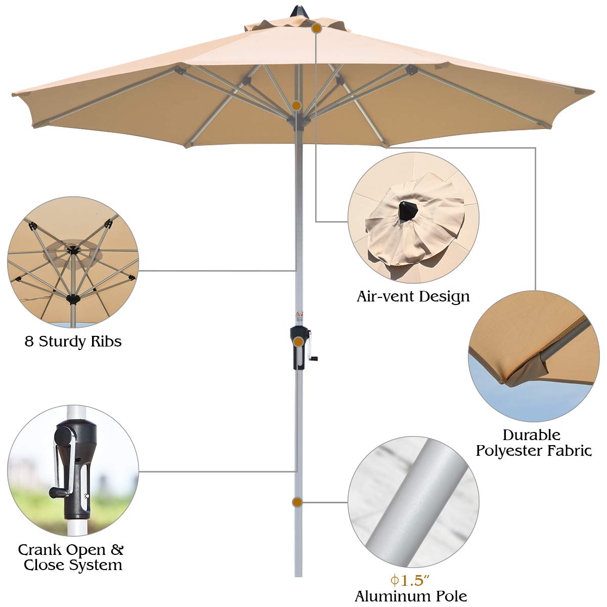 Tangkula 9 ft Patio Umbrella, Outdoor Market Table Umbrella with 1.5” Aluminum Pole, 8 Sturdy Ribs & Crank for Garden, Lawn, Deck, Backyard & Poolside (Beige)