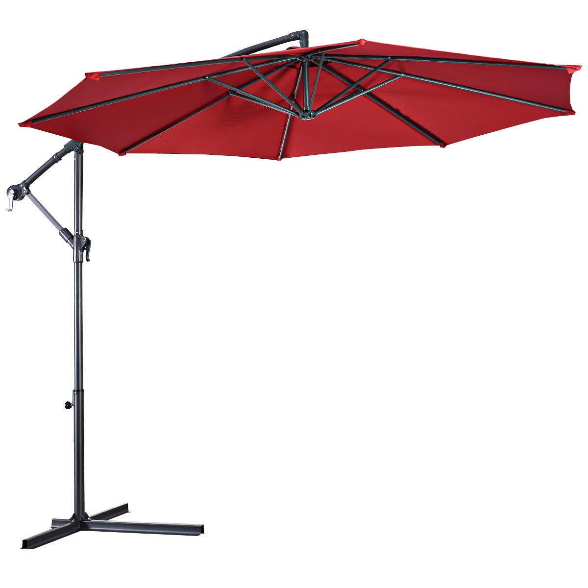 Tangkula Patio Umbrella, 10 ft Outdoor Offset Hanging Umbrella with Crank and Cross Base, 8 Steel Rips, Sturdy Frame and Adjustable Umbrellas for Garden Poolside Deck Market (Burgundy)