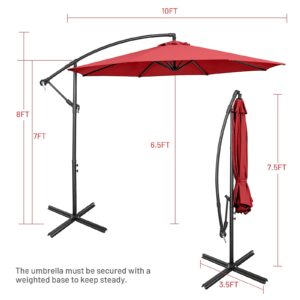 Tangkula Patio Umbrella, 10 ft Outdoor Offset Hanging Umbrella with Crank and Cross Base, 8 Steel Rips, Sturdy Frame and Adjustable Umbrellas for Garden Poolside Deck Market (Burgundy)