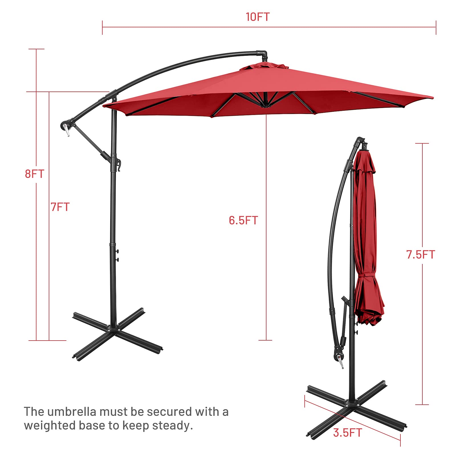 Tangkula Patio Umbrella, 10 ft Outdoor Offset Hanging Umbrella with Crank and Cross Base, 8 Steel Rips, Sturdy Frame and Adjustable Umbrellas for Garden Poolside Deck Market (Burgundy)