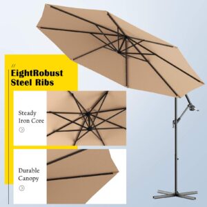 Tangkula 10FT Outdoor Patio Umbrella Solar LED Lighted Sun Shade Market Umbrella with Hanging Cover and Cross Base (Beige)