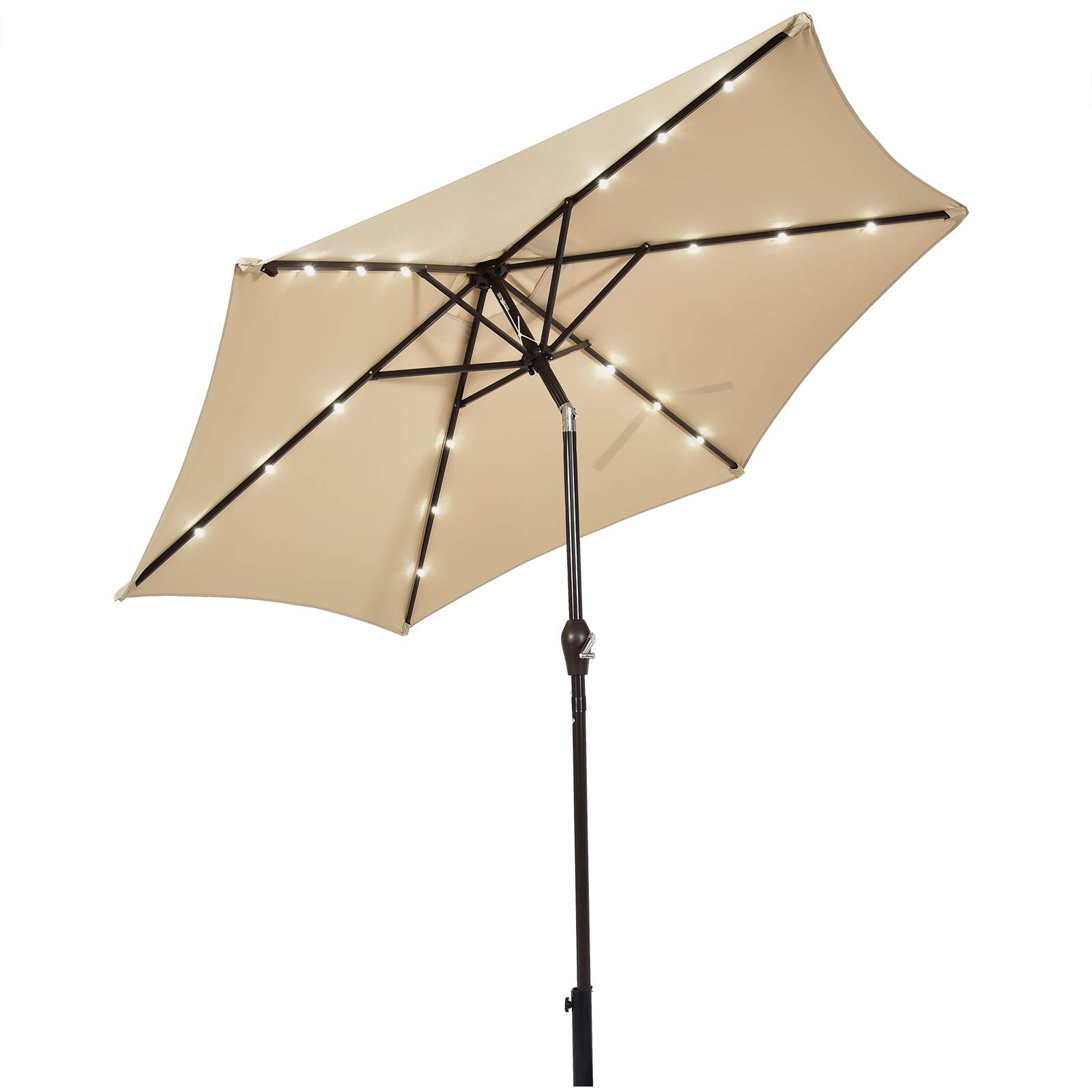 Tangkula 9FT Solar Powered LED Lighted Patio Umbrella, Table Market Umbrella with Tilt and Crank, Outdoor Umbrella with 6 Sturdy Ribs for Garden, Deck, Backyard & Pool (Beige)