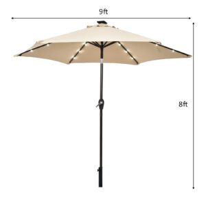 Tangkula 9FT Solar Powered LED Lighted Patio Umbrella, Table Market Umbrella with Tilt and Crank, Outdoor Umbrella with 6 Sturdy Ribs for Garden, Deck, Backyard & Pool (Beige)