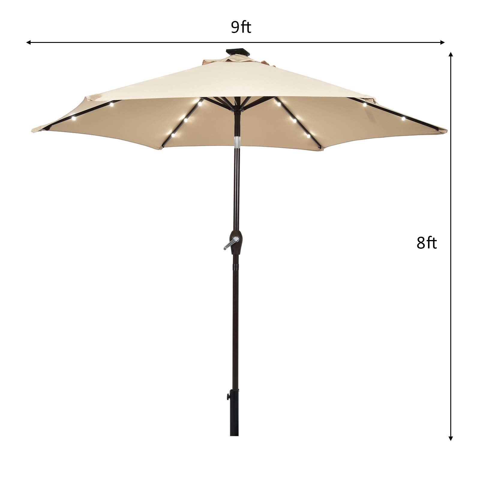 Tangkula 9FT Solar Powered LED Lighted Patio Umbrella, Table Market Umbrella with Tilt and Crank, Outdoor Umbrella with 6 Sturdy Ribs for Garden, Deck, Backyard & Pool (Beige)