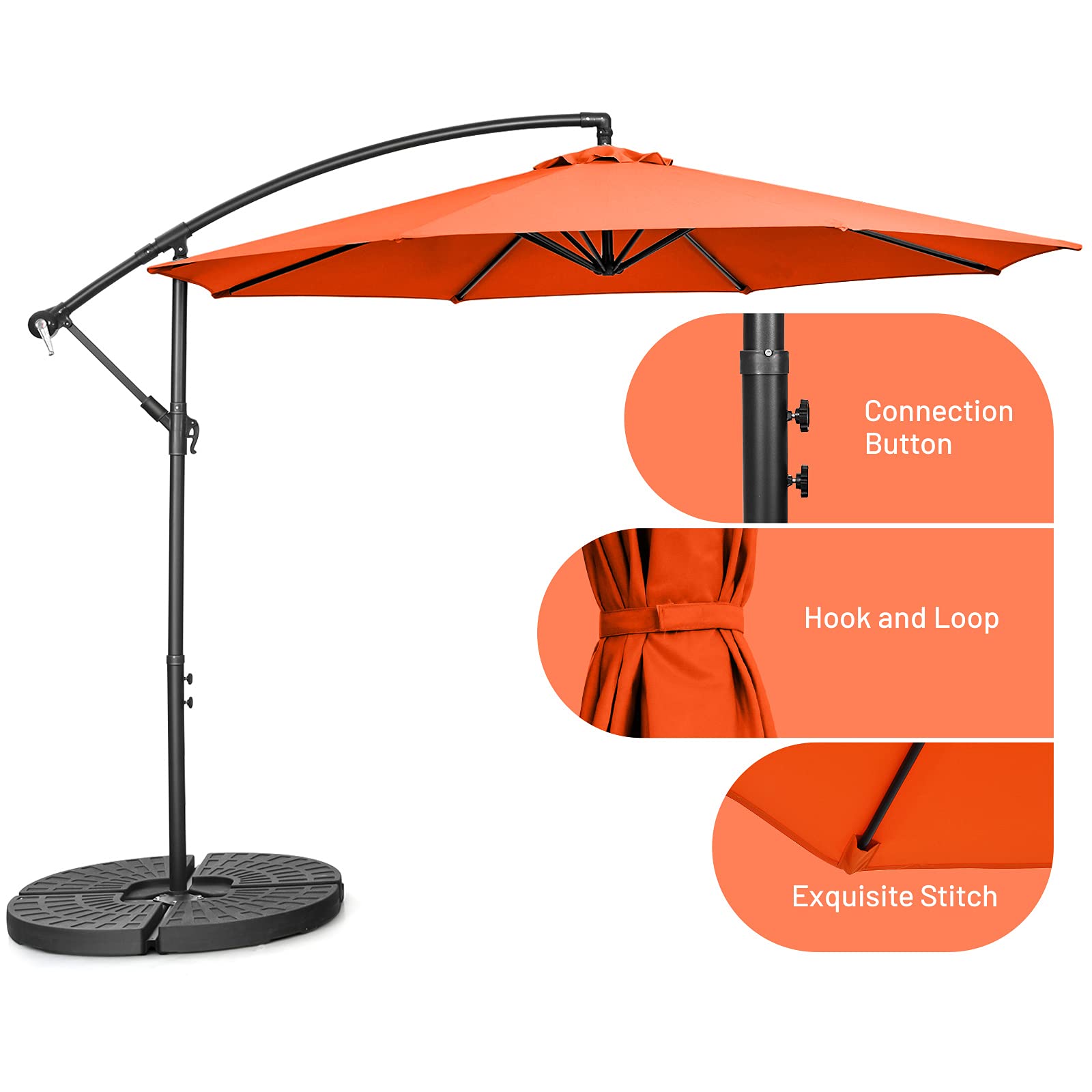 Tangkula 10 FT Patio Offset Umbrella with 8 Ribs, Outdoor Cantilever Umbrella with Cross Base and Crank, Market Hanging Umbrella for Garden, Poolside and Backyard (Orange)