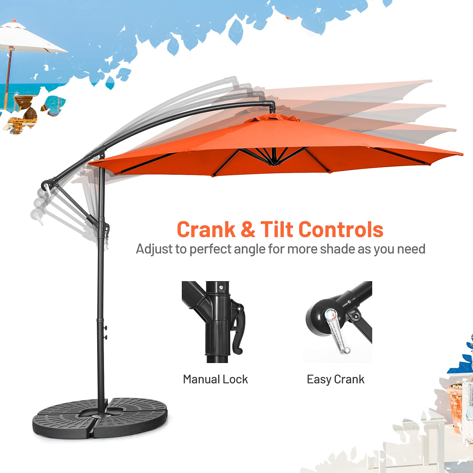 Tangkula 10 FT Patio Offset Umbrella with 8 Ribs, Outdoor Cantilever Umbrella with Cross Base and Crank, Market Hanging Umbrella for Garden, Poolside and Backyard (Orange)