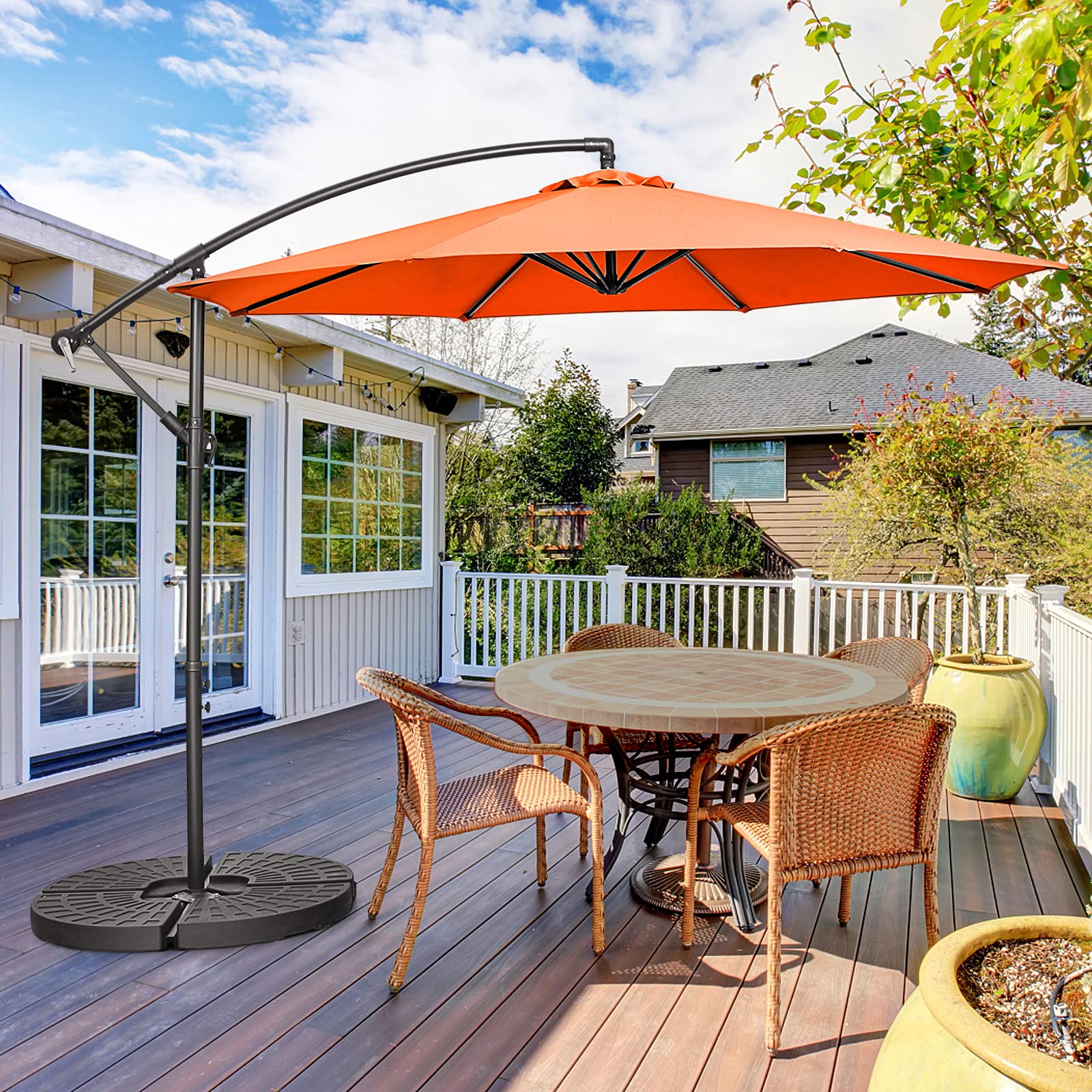 Tangkula 10 FT Patio Offset Umbrella with 8 Ribs, Outdoor Cantilever Umbrella with Cross Base and Crank, Market Hanging Umbrella for Garden, Poolside and Backyard (Orange)