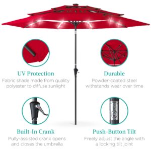 Best Choice Products 10ft 3-Tier Solar Patio Umbrella, Outdoor Market Sun Shade for Backyard, Deck, Poolside w/ 24 LED Lights, Tilt Adjustment, Easy Crank, 8 Ribs - Red