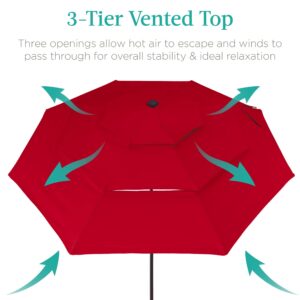 Best Choice Products 10ft 3-Tier Solar Patio Umbrella, Outdoor Market Sun Shade for Backyard, Deck, Poolside w/ 24 LED Lights, Tilt Adjustment, Easy Crank, 8 Ribs - Red