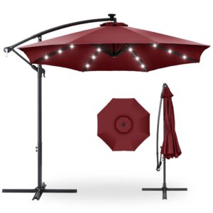 best choice products 10ft solar led offset hanging market patio umbrella for backyard, poolside, lawn and garden w/easy tilt adjustment, polyester shade, 8 ribs - burgundy