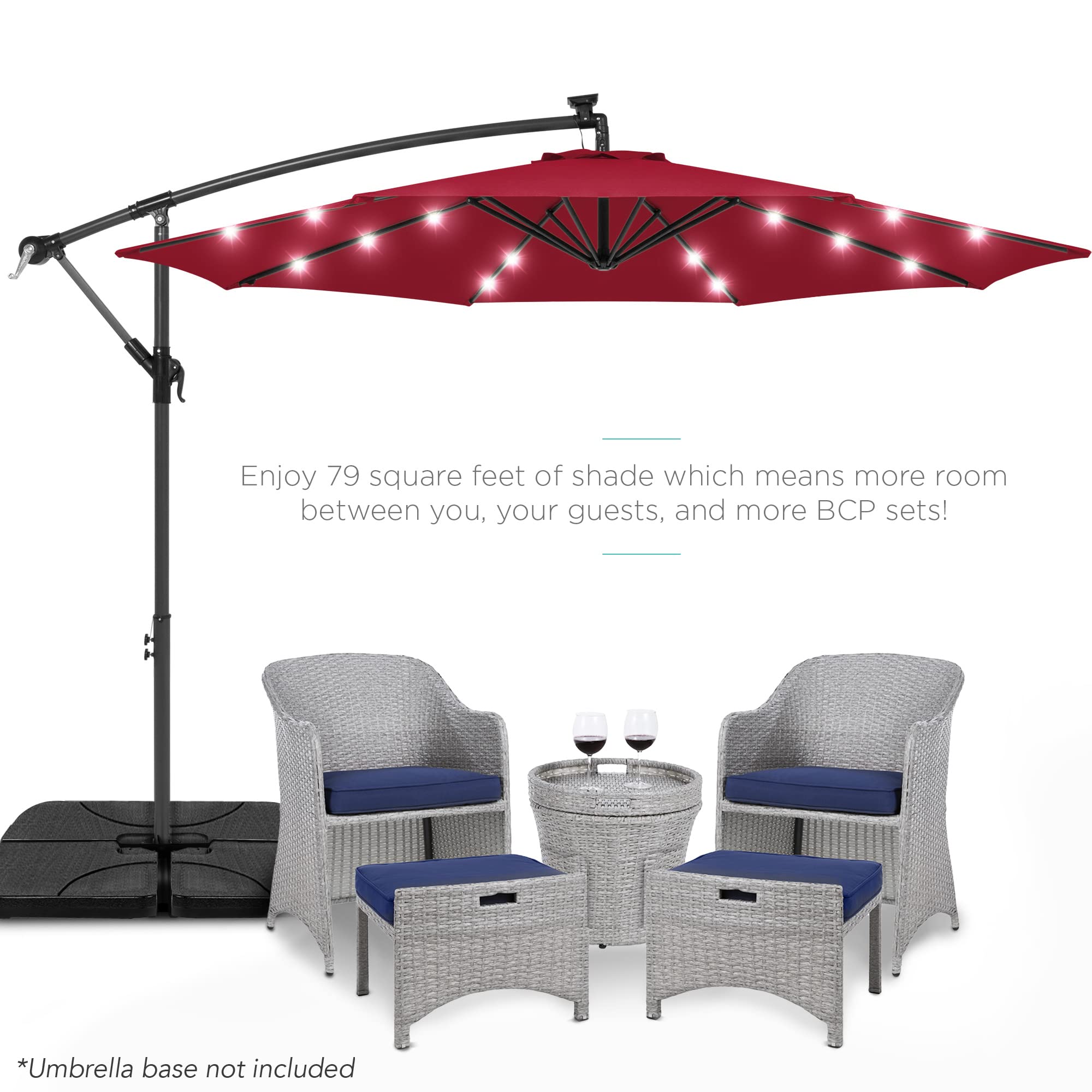 Best Choice Products 10ft Solar LED Offset Hanging Market Patio Umbrella for Backyard, Poolside, Lawn and Garden w/Easy Tilt Adjustment, Polyester Shade, 8 Ribs - Burgundy