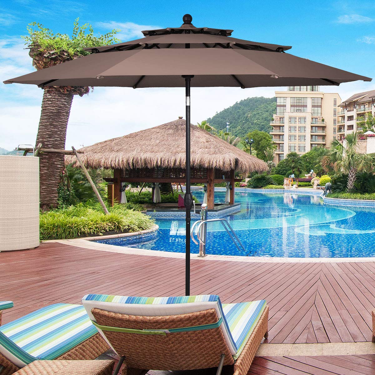 Tangkula 10 Ft 3 Tier Patio Umbrella, Outdoor Umbrella W/Double Vented, Market Table Tilt Umbrella with Crank, Outdoor Aluminum Umbrella for Market, Backyard, Pool, Garden