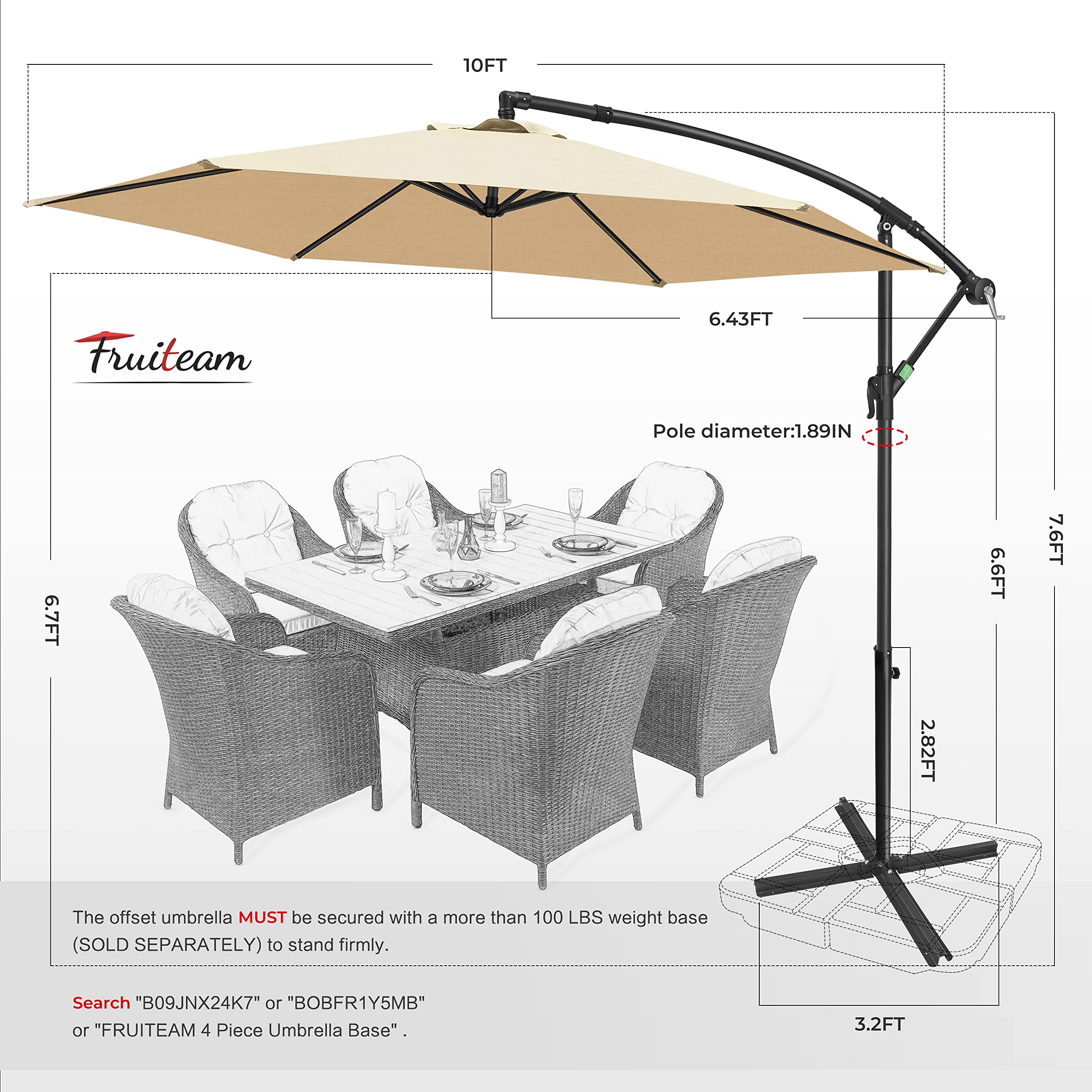 FRUITEAM 10FT Offset Hanging Patio Umbrella, Outdoor Market Cantilever Umbrella w/Easy Tilt Adjustment, with Crank & Cross Bar, Shade 95% UV Protection for Backyard, Poolside, Lawn and Garden