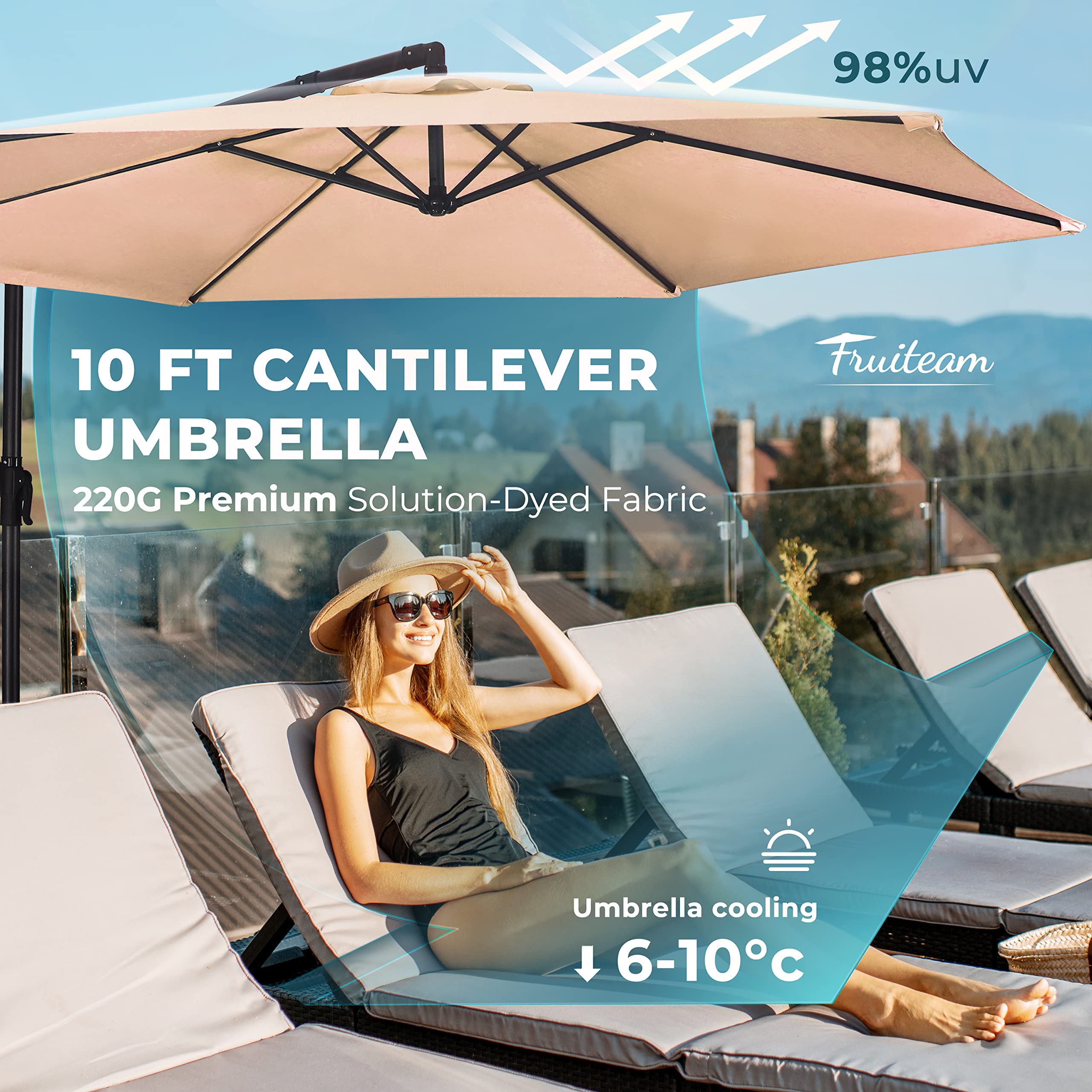 FRUITEAM 10FT Offset Hanging Patio Umbrella, Outdoor Market Cantilever Umbrella w/Easy Tilt Adjustment, with Crank & Cross Bar, Shade 95% UV Protection for Backyard, Poolside, Lawn and Garden