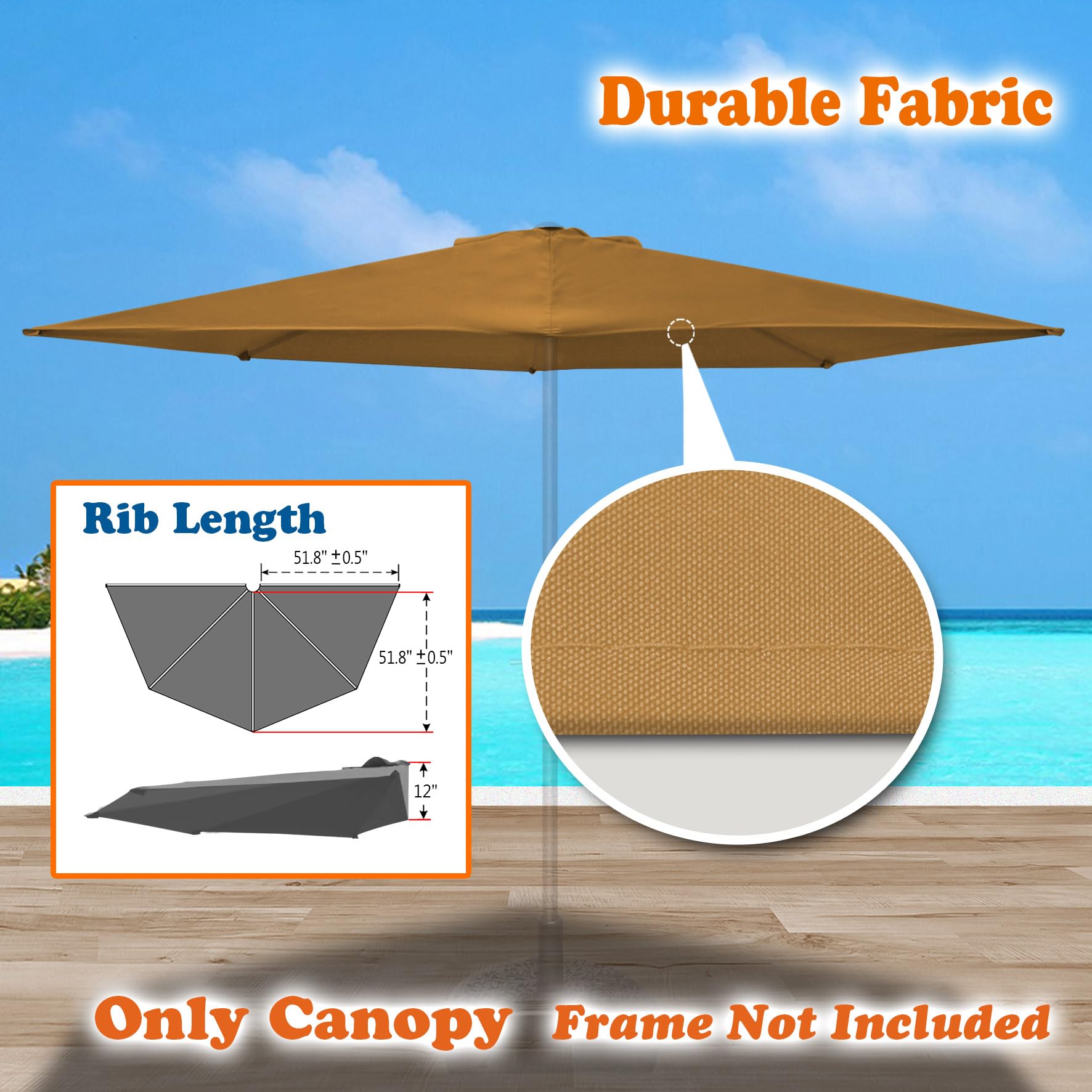 Strong Camel Replacement Canopy Cover Only for 9ft 5 Ribs Half Patio Umbrella (Canopy Cover Only) (Tan)