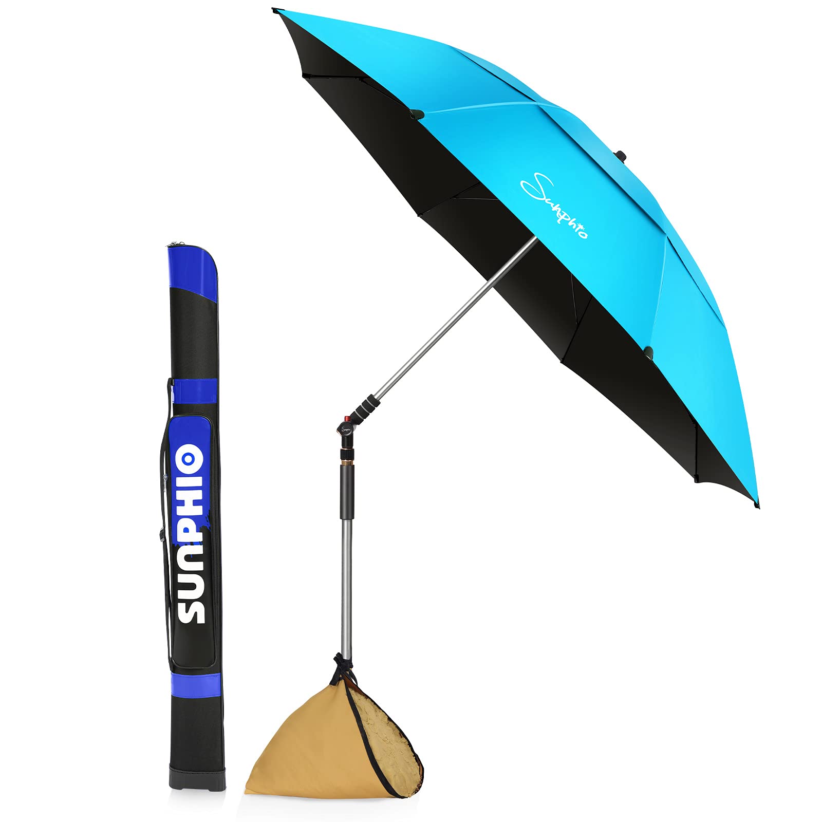 Sunphio Beach Umbrella with Sand Anchor, Heavy Duty, High Wind Resistant, Portable and Large Windproof Beach Umbrellas with Sand Bags for Travel, Best Sun Protection UV