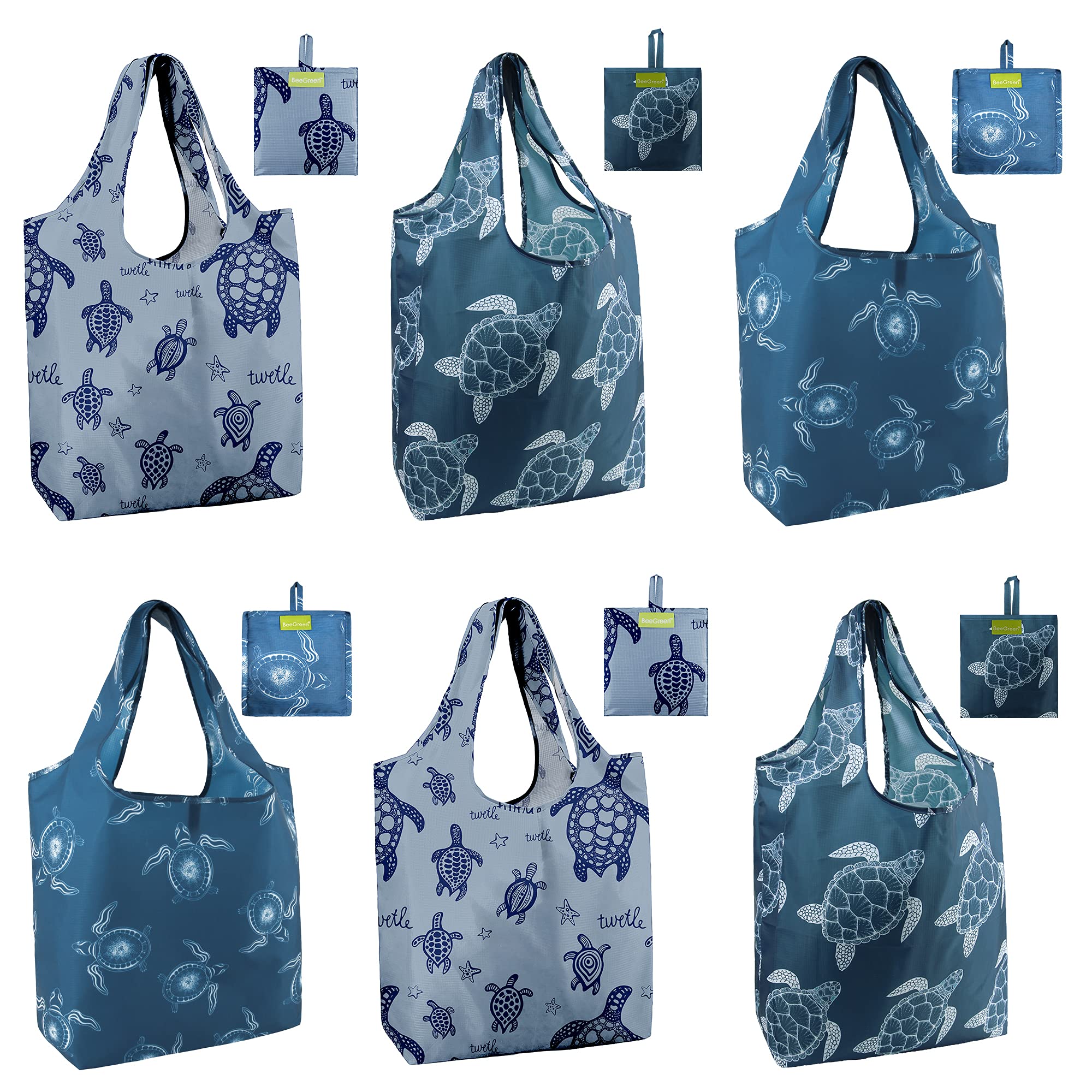 BeeGreen Sea Turtle Gifts for Women Foldable Reusable Grocery Bags Shopping Bags for Groceries Cute Holiday Bags with Handles Large Cloth Gift Bags Heavy Duty Bulk 6 Pack Lightweight