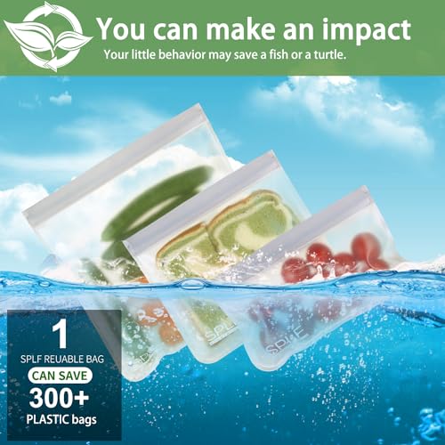 SPLF 10 Pack Reusable Sandwich Bags Dishwasher Safe, Reusable Quart Freezer Bags, Leakproof Reusable Storage Bags Silicone and Plastic Free for Marinate Meats, Cereal, Lunch, Veggies