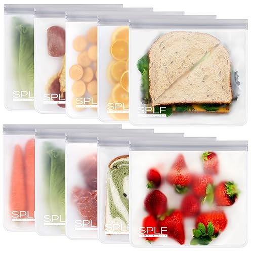 SPLF 10 Pack Reusable Sandwich Bags Dishwasher Safe, Reusable Quart Freezer Bags, Leakproof Reusable Storage Bags Silicone and Plastic Free for Marinate Meats, Cereal, Lunch, Veggies