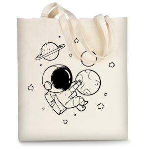 AUSVKAI Cute Canvas Tote Bag Aesthetic For Women Astronaut Space Grocery Bags Cotton Beach Totes Gift