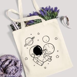 AUSVKAI Cute Canvas Tote Bag Aesthetic For Women Astronaut Space Grocery Bags Cotton Beach Totes Gift