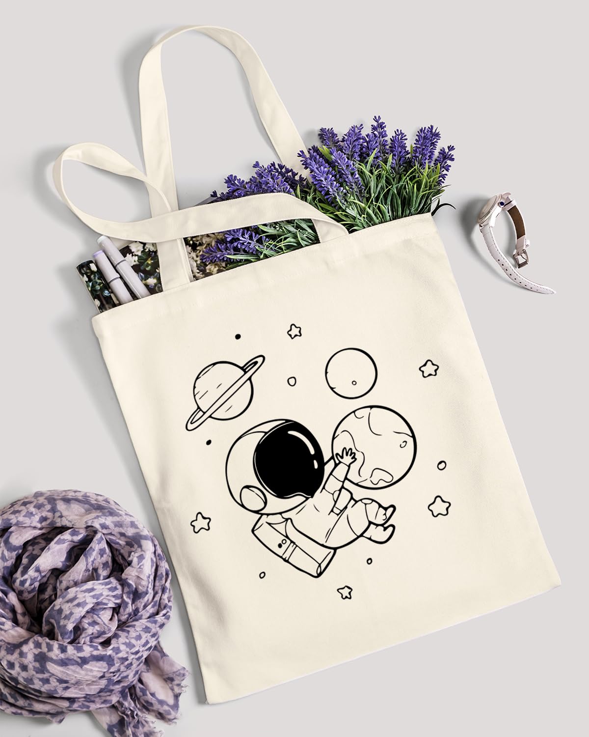 AUSVKAI Cute Canvas Tote Bag Aesthetic For Women Astronaut Space Grocery Bags Cotton Beach Totes Gift