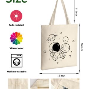 AUSVKAI Cute Canvas Tote Bag Aesthetic For Women Astronaut Space Grocery Bags Cotton Beach Totes Gift