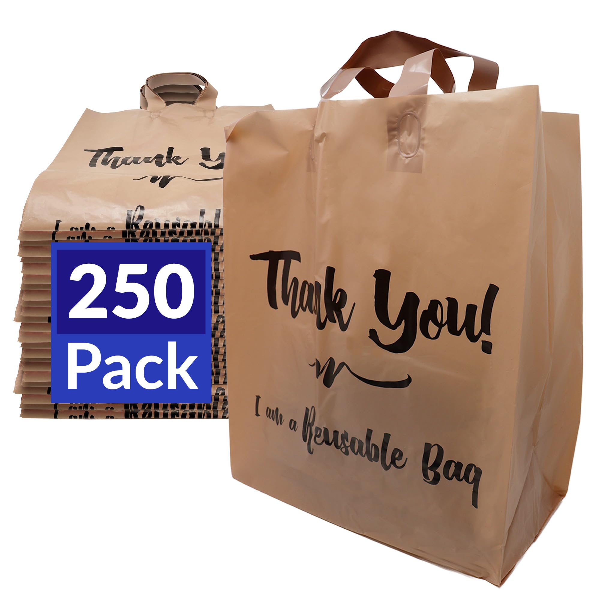 Reli. Reusable Thank You Bags | 250 Bags Bulk | 2 Mil | Brown/Kraft Shopping Bags with Handles | Take out/ToGo Plastic Bags for Food, Grocery, Retail | 12" L x 6.75" W x 14" H | Self-Standing, Gusset