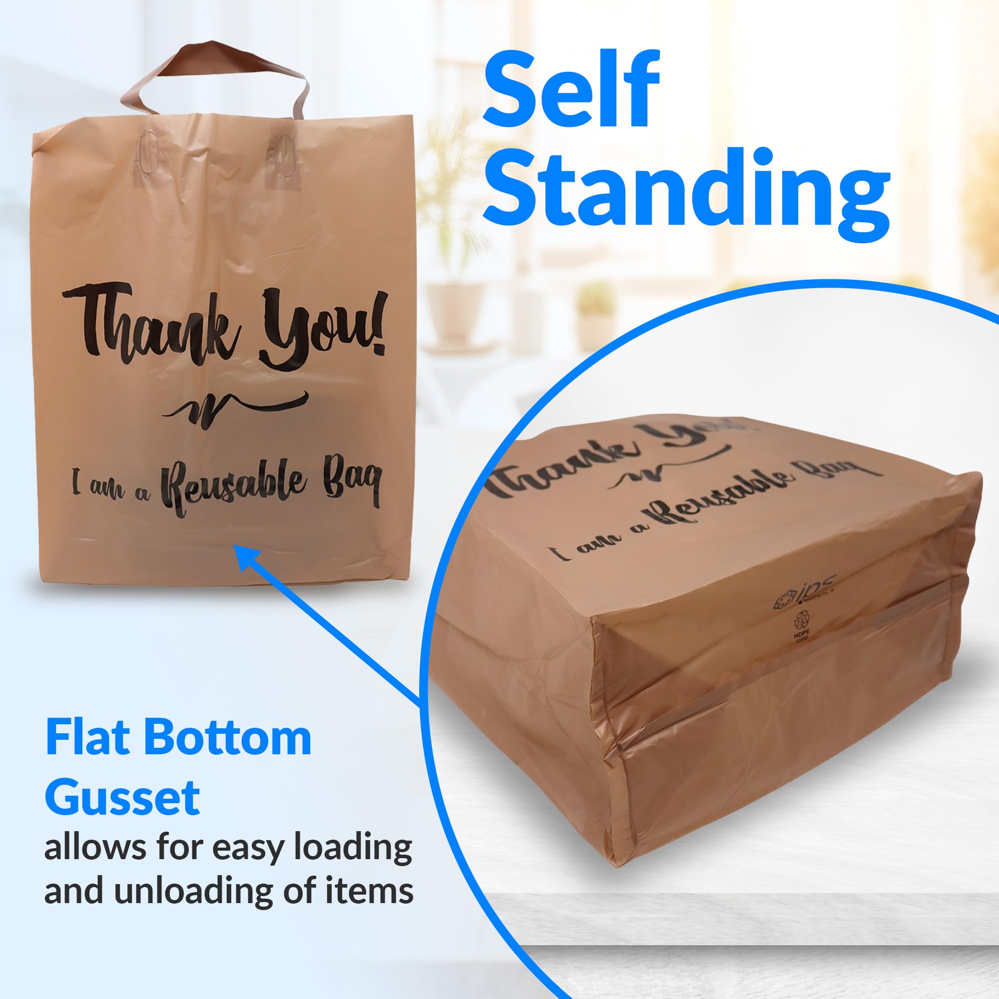 Reli. Reusable Thank You Bags | 250 Bags Bulk | 2 Mil | Brown/Kraft Shopping Bags with Handles | Take out/ToGo Plastic Bags for Food, Grocery, Retail | 12" L x 6.75" W x 14" H | Self-Standing, Gusset