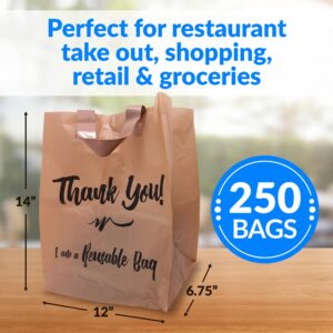 Reli. Reusable Thank You Bags | 250 Bags Bulk | 2 Mil | Brown/Kraft Shopping Bags with Handles | Take out/ToGo Plastic Bags for Food, Grocery, Retail | 12" L x 6.75" W x 14" H | Self-Standing, Gusset