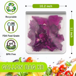 ANZNKU 8 Pack Reusable Gallon Bags, Reusable Food Storage Bags, BPA Free PEVA Reusable Freezer Bags, Dishwasher Safe Silicone Bags Reusable Storage, Leak-proof Reusable Lunch Bags for Kitchen Storage