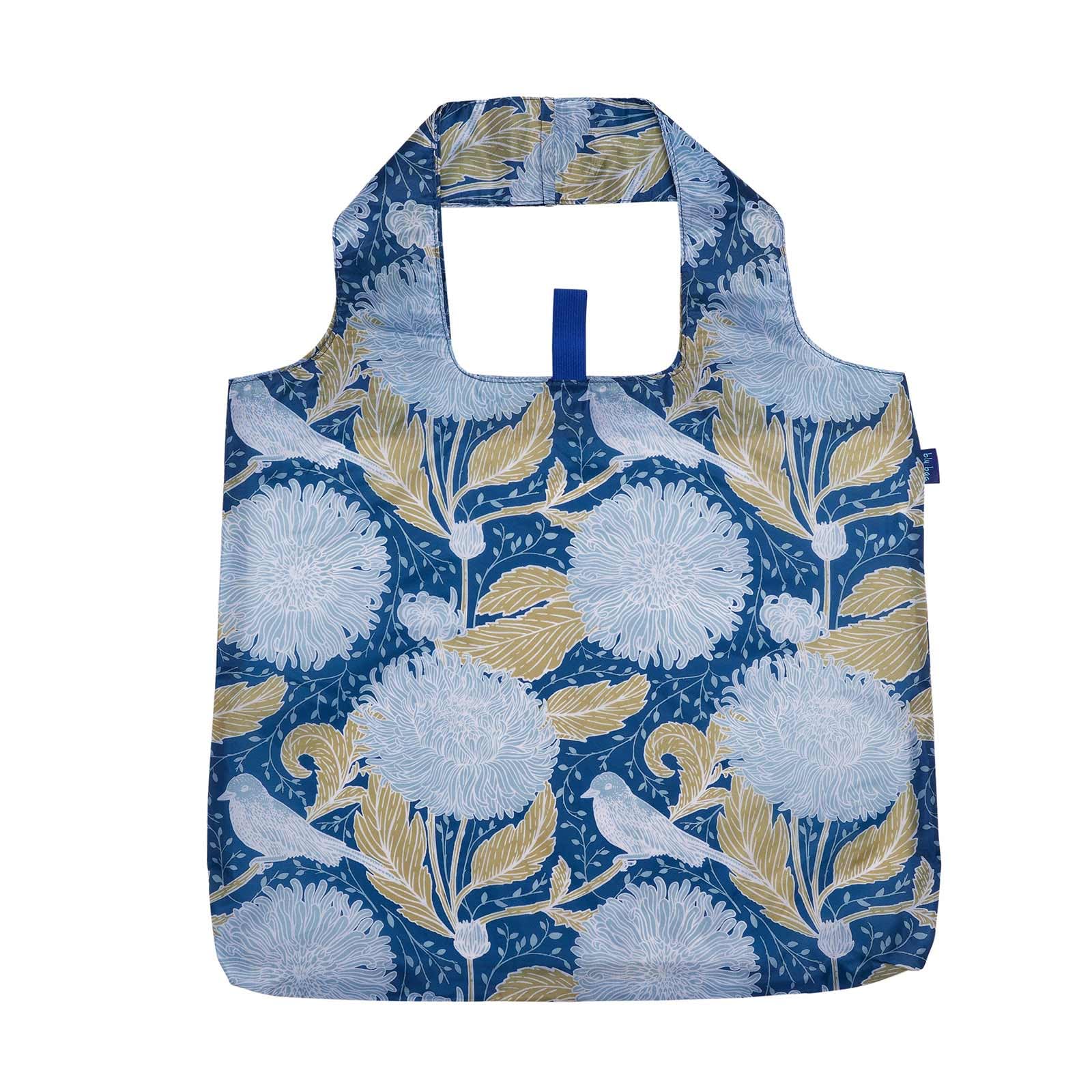 rockflowerpaper Reusable Grocery Bags for Shopping - Chrysanthemum Blu Bag - Machine Washable, Foldable, Packable Tote - Large Handles - Heavy Duty and Lightweight - Zippered Top Pouch