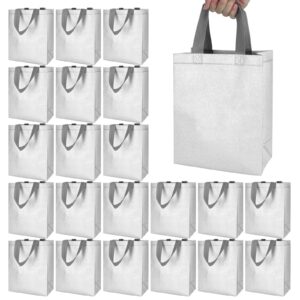 ISUSSER 25 Pack Silver Reusable Gift Bags Metallic Tote with Handles Bling Non Woven Bags for Shopping Birthday Party Wedding, 7.9 x 3.9 x 9.8 Inch