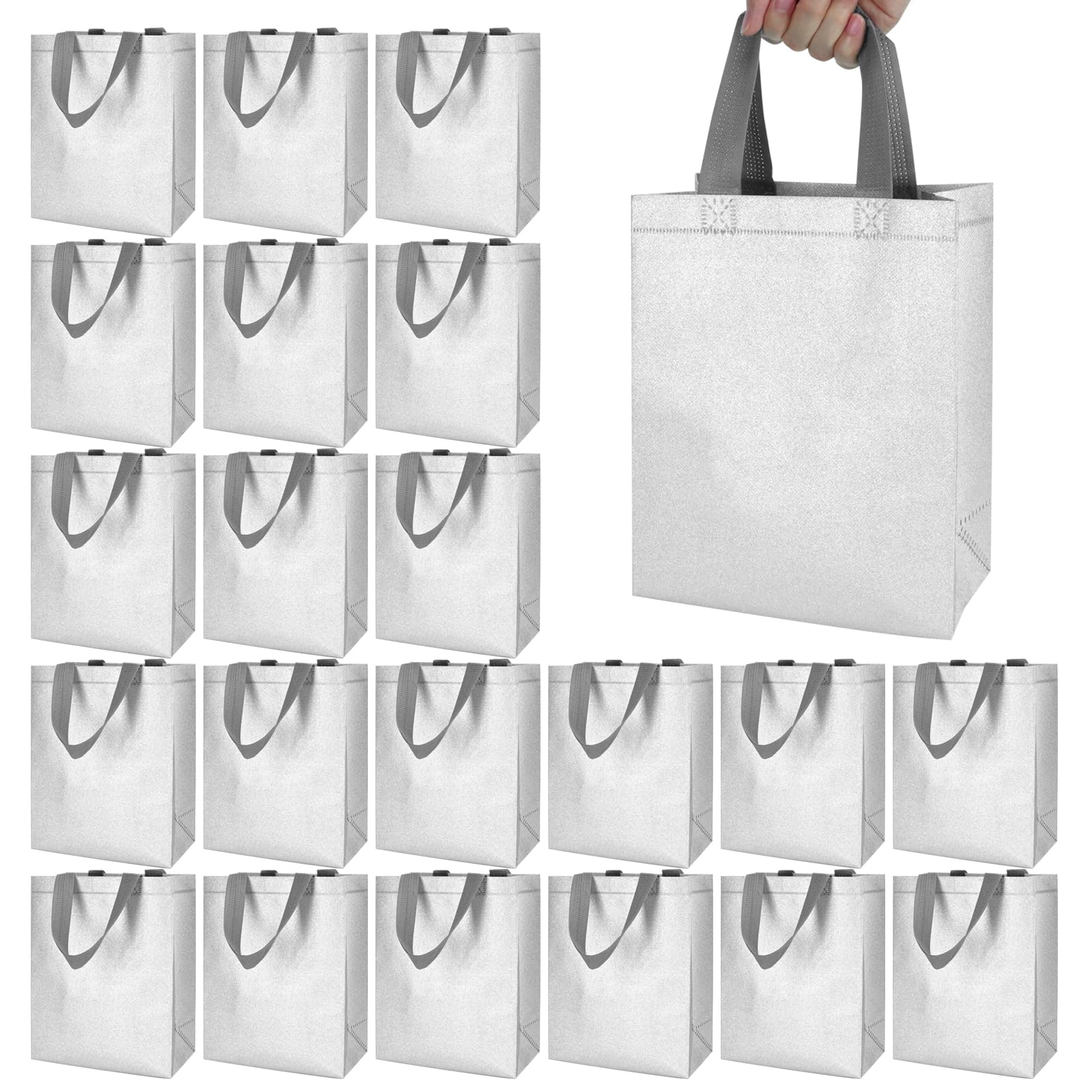 ISUSSER 25 Pack Silver Reusable Gift Bags Metallic Tote with Handles Bling Non Woven Bags for Shopping Birthday Party Wedding, 7.9 x 3.9 x 9.8 Inch