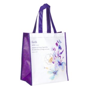 Christian Art Gifts Reusable Shopping Tote Bag | Faith Definition Hebrews 11:1 Bible Verse | Inspirational Durable Purple Floral Tote Bag for Groceries, Books, Supplies