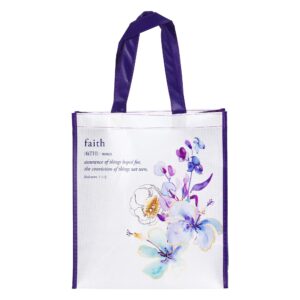 Christian Art Gifts Reusable Shopping Tote Bag | Faith Definition Hebrews 11:1 Bible Verse | Inspirational Durable Purple Floral Tote Bag for Groceries, Books, Supplies