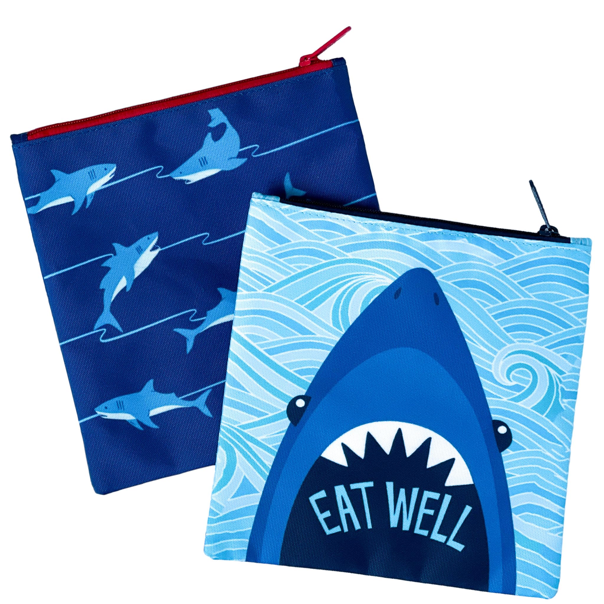 Yumbox Reusable Sandwich and Snack Bags (2-Pack) Fun Shark Prints for Toddlers and Kids, Eco-Friendly, BPA-Free, Water-Resistant, Lined, Washable fabric, Ideal kids snack bag, Zip Close, 8x8 in Large