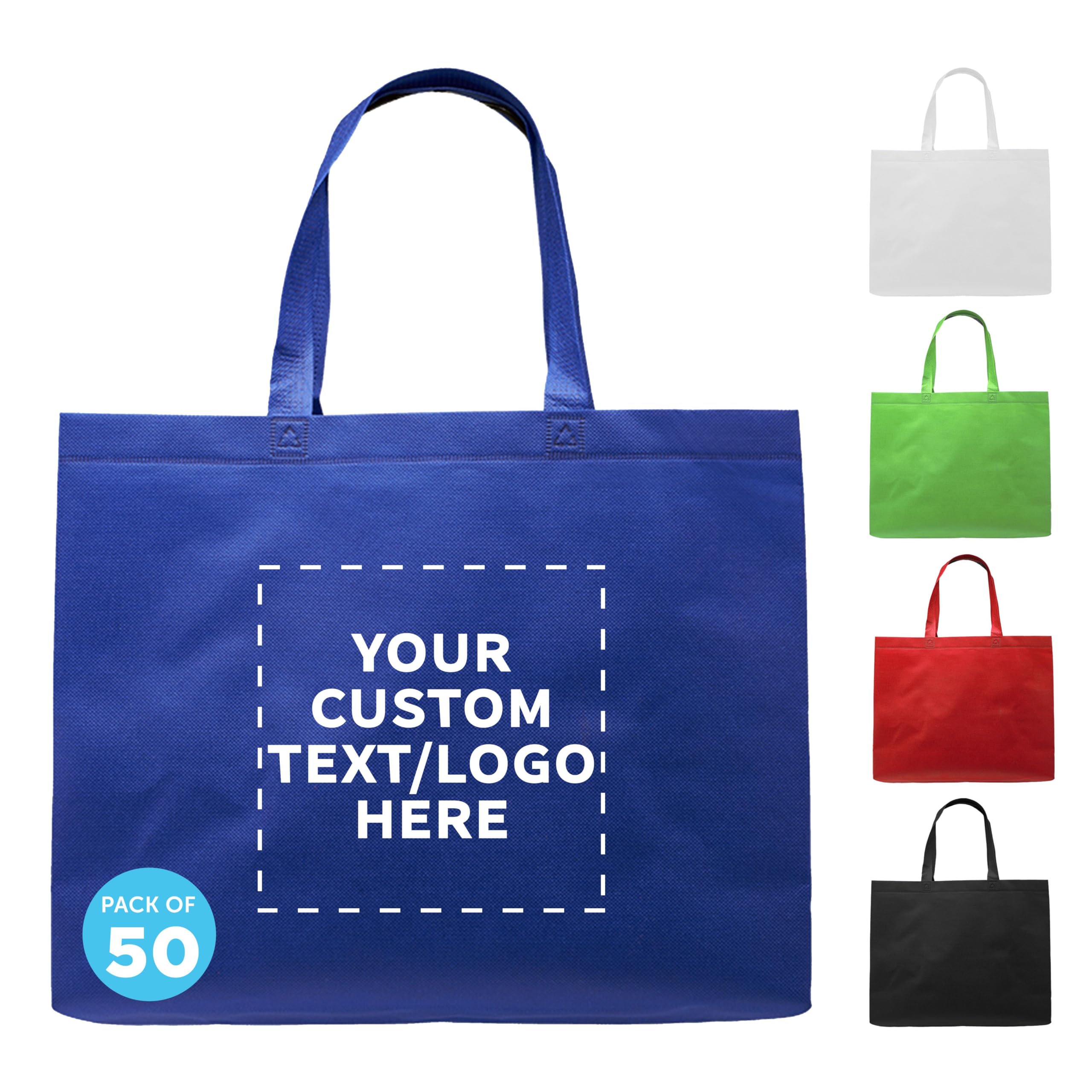 DISCOUNT PROMOS Custom Jumbo Sized Tote Bags Set of 50, Personalized Bulk Pack - Reusable Grocery Bags, Shopping Bags, Promotional Item Totes for Women - Blue