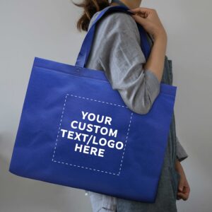 DISCOUNT PROMOS Custom Jumbo Sized Tote Bags Set of 50, Personalized Bulk Pack - Reusable Grocery Bags, Shopping Bags, Promotional Item Totes for Women - Blue