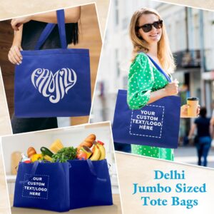 DISCOUNT PROMOS Custom Jumbo Sized Tote Bags Set of 50, Personalized Bulk Pack - Reusable Grocery Bags, Shopping Bags, Promotional Item Totes for Women - Blue