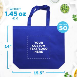 DISCOUNT PROMOS Custom Jumbo Sized Tote Bags Set of 50, Personalized Bulk Pack - Reusable Grocery Bags, Shopping Bags, Promotional Item Totes for Women - Blue