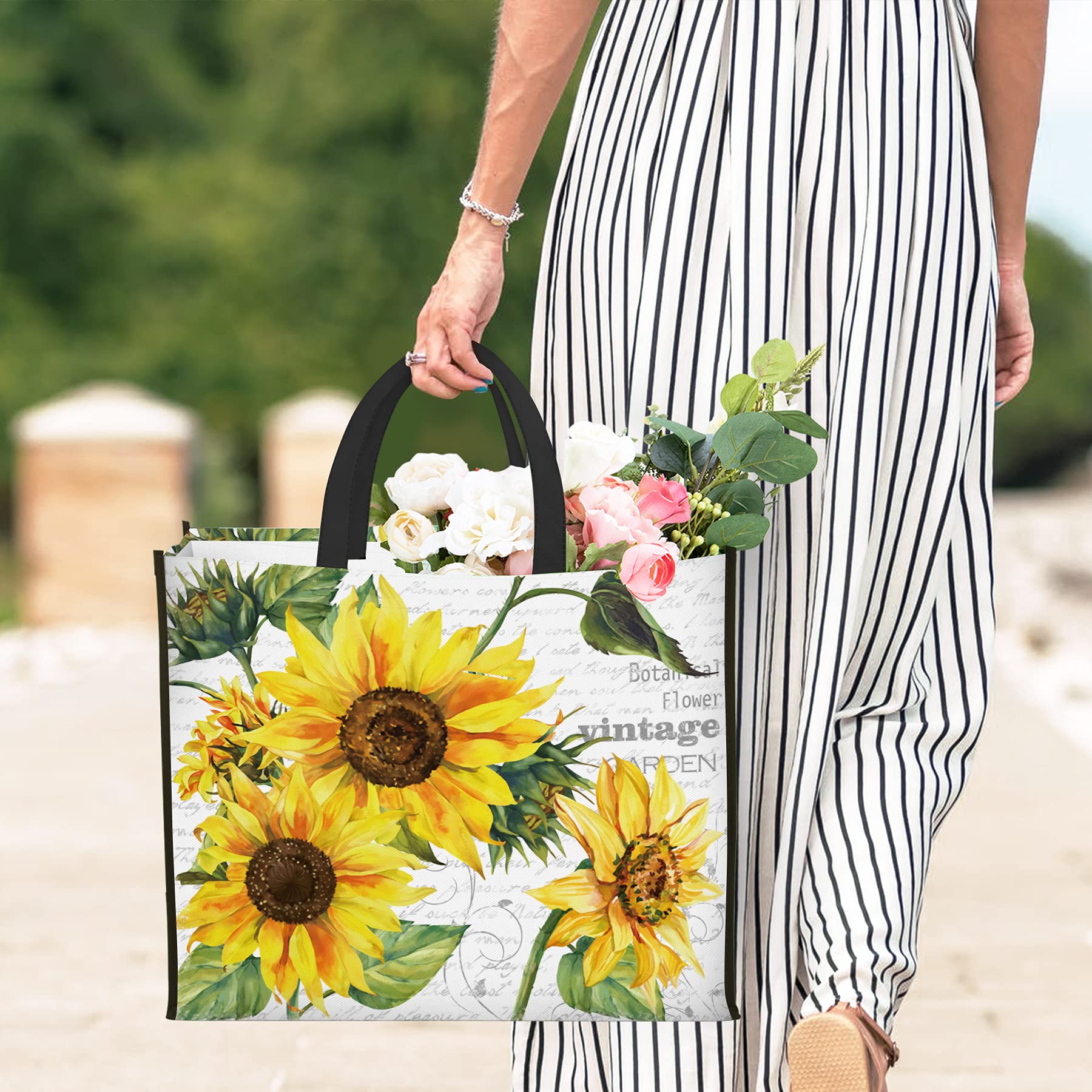 NymphFable 5 Pack Reusable Shopping Bags Sun Flowers Washable Grocery Bags Fabric Tote Bag